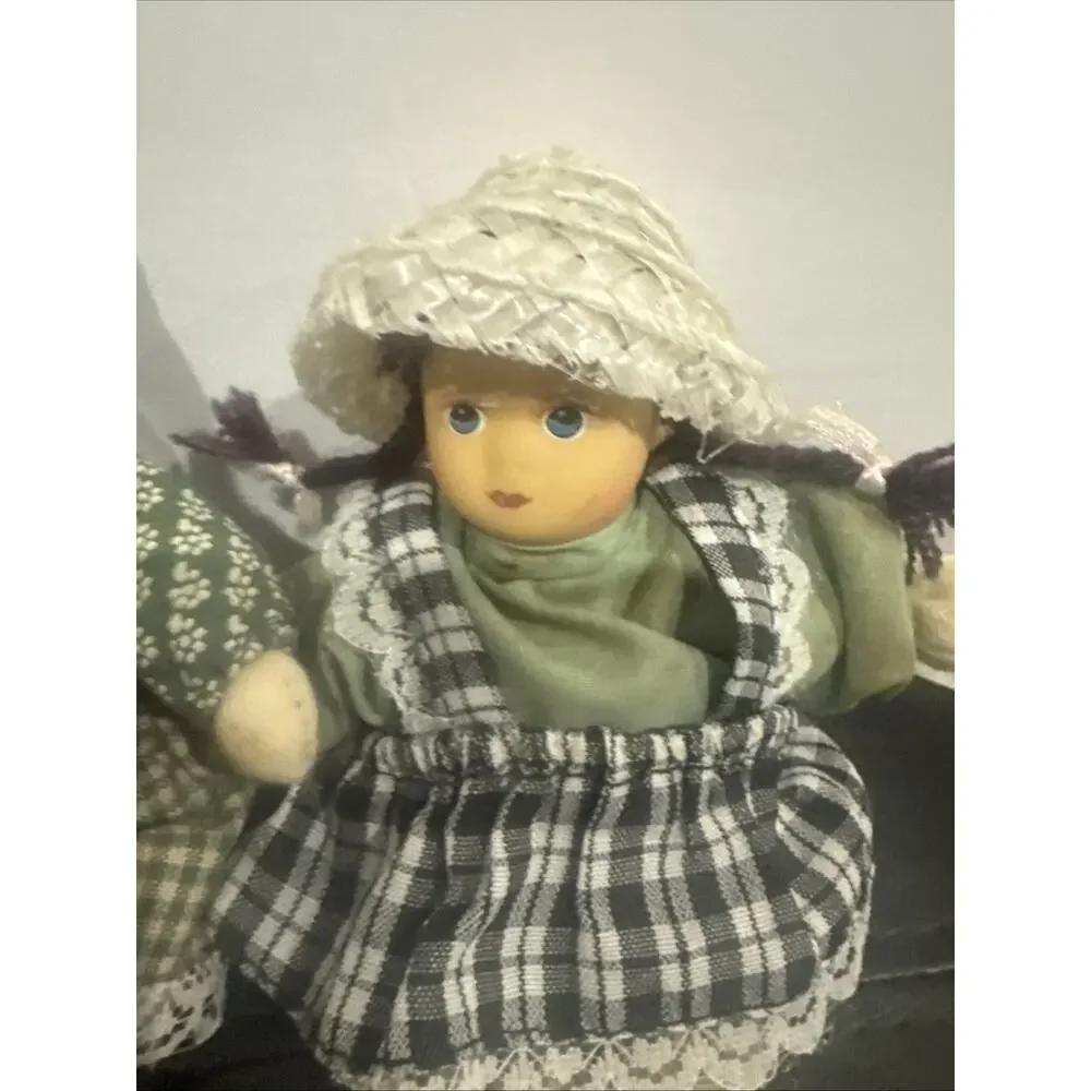 5” Lot of 2 Vintage Porcelain Head Cloth Body Country Dolls Farmhouse Decor Pair